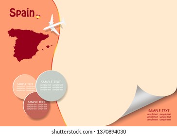 Travel Spain template vector showing the airplane approaching the blind red Spanish map. Vector contains page curl effect with a place for your text in an exposed corner.