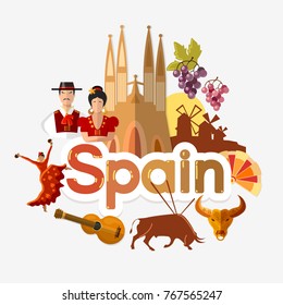 Travel to Spain. Traditions and culture,  Welcome to Spain. Collection of symbolic elements. Template travel background 