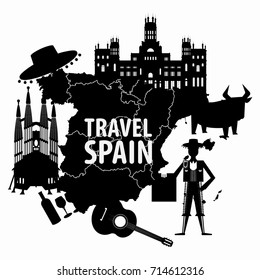 Travel to Spain vector illustration. Black Spanish silhouette set with architecture, traditional symbols, objects and map isolated on white background