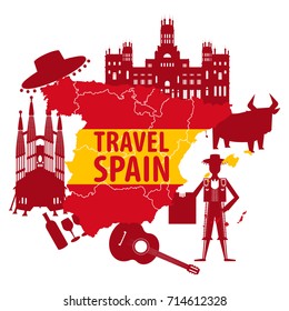 Travel to Spain vector illustration. Spanish silhouette set with architecture, traditional symbols, objects and map isolated on white background