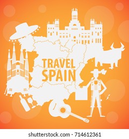 Travel to Spain vector illustration. Spanish silhouette set with architecture, traditional symbols, objects and map