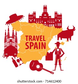 Travel to Spain vector illustration. Spanish silhouette set with architecture, traditional symbols, objects and map isolated on white background