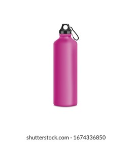 Travel or sport water pink bottle or container 3d realistic vector mockup illustration isolated on white background. Drinking reusable container template for branding and design.