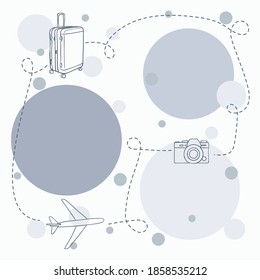 Travel square background with a suitcase, a camera, and a plane. 