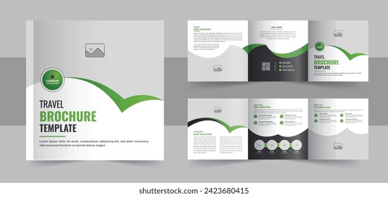 Travel square trifold brochure design layout, square trifold travel company profile brochure vector. Travel agency brochure template design, 8-page square travel agency company profile brochure