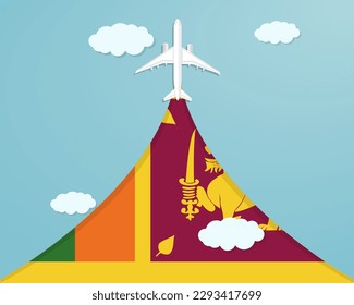 Travel to Sri Lanka by flight, destination concept, vacation in Sri Lanka, plane vector design, paper cut effect with blue sky and airplane, summer trip idea, country tourism banner