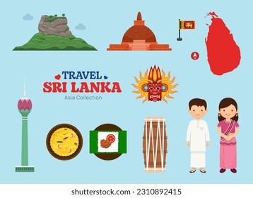Travel Sri Lanka flat icons set. Sri Lanka element icon map and landmarks symbols and objects collection. Vector Illustration