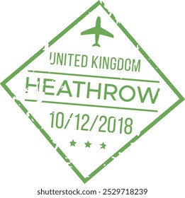 Um carimbo de viagem marcado com a data de 12 de outubro de 2018 mostra o Aeroporto de Heathrow no Reino Unido exibindo de forma proeminente um símbolo de avião.