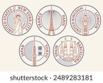 Travel stamp set. City landmark symbols. New York, London, Paris, Tokyo, Barcelona fomous place collection.  Vector illustration.