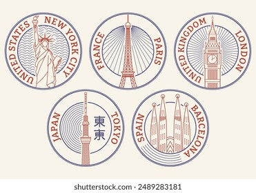 Travel stamp set. City landmark symbols. New York, London, Paris, Tokyo, Barcelona fomous place collection.  Vector illustration.