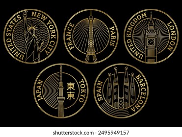 Travel stamp set. City landmark symbols. New York, London, Paris, Tokyo, Barcelona fomous place collection.  Vector illustration.