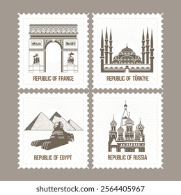 Travel stamp set. City landmark symbols.