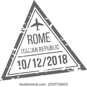 Um carimbo de viagem mostra a data de 12 de outubro de 2018, juntamente com o nome Roma e uma silhueta de um avião representando viagens para a Itália.