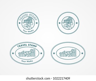 Travel stamp template. Text area. Icon of  trip with hotel, city, plane, map, skyscrapers. Vector illustration.