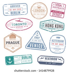 Travel Stamp. Vintage Passport Visa International Arrived Stamps With Grunge Texture. Isolated Stamping Vector Set