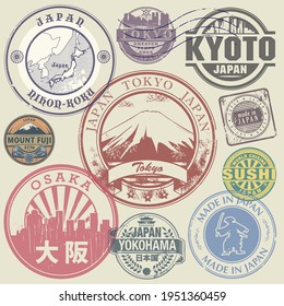 Travel stamps or adventure symbols set, Japan theme, names of cities also in japanese language, vector illustration