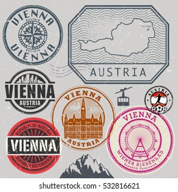 Travel stamps or adventure symbols set, Austria and Vienna theme, vector illustration
