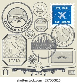 Travel stamps or adventure symbols set, Italy theme, vector illustration