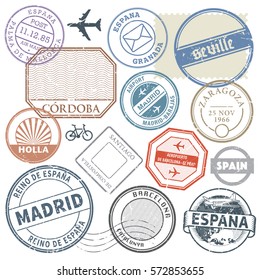 Travel stamps or adventure symbols set Spain theme vector illustration.