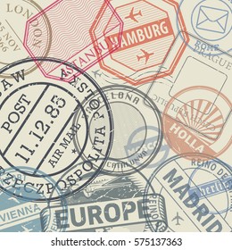 Travel stamps or adventure symbols set or background, vector illustration