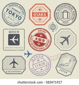 Travel stamps or adventure symbols set, Japan airport theme, names of airports also in japanese language, vector illustration