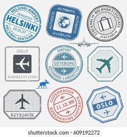 Travel stamps or adventure symbols set, Scandinavian airport theme, names of airports also in scandinavian languages, vector illustration