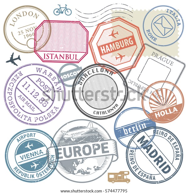 Travel Stamps Adventure Symbols Set Europe Stock Vector (Royalty Free ...