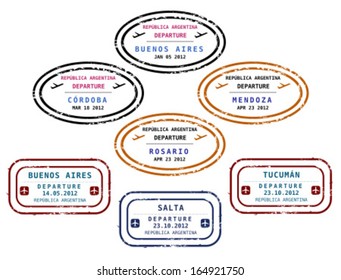 Travel stamps from Argentina. Grungy scalable stamps (not real passport stamps). Argentinian destinations: Buenos Aires, Cordoba, Mendoza, Rosario, Tucuman and Salta.