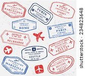 Travel stamps background. Fictitious international airport symbols.