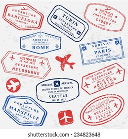Travel stamps background. Fictitious international airport symbols.