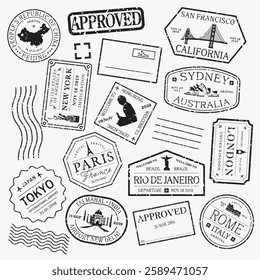 Travel stamps featuring iconic cities: New York, Paris, Tokyo, Sydney, and more. Approved stamps and travel icons highlight global destinations. Black travel stamps, vector set.