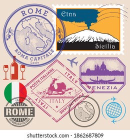 Travel stamps or icon symbols set, Italy theme, vector illustration