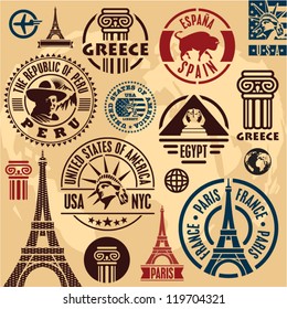 Travel stamps. Travel icons set. Travel labels collection.