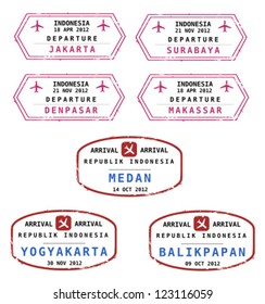 Travel stamps from Indonesia. Grungy stamps (not real). Indonesian destinations: Jakarta, Surabaya, Denpasar, Makassar, Medan, Yogyakarta and Balikpapan.