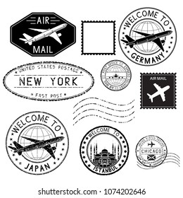 Travel stamps and postmarks. Collection. Vector illustration isolated on white background