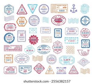 Travel stamps. Retro post stamp, arrival departure marks in passport or documents. Insignia for letters parcels postcards envelopes, postage neoteric vector set