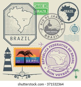 Travel Stamps Set, Brazil, Vector Illustration