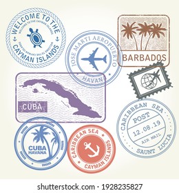 Travel stamps set in Caribbean Sea theme, labels and stickers, marine stamps, vector