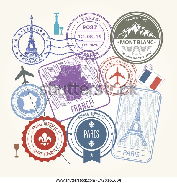 Travel stamps set - France and Paris journey\
symbols and labels,\
vector