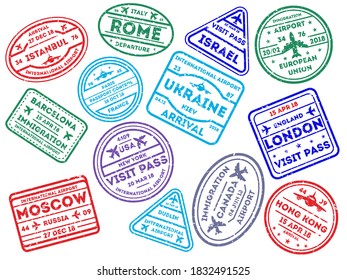 Travel stamps set. Isolated flat passport document travel destination visa stamp icons. Arrival and departure border sign collection. International immigration control vector illustration