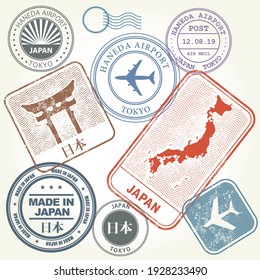 Estampillas de viaje ponen Japón y Tokio (con inscripción en japonés), etiquetas y pegatinas, vectores