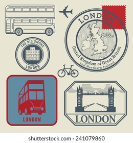 Travel Stamps Set, London, Vector Illustration