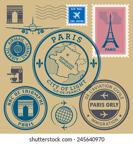 Travel stamps set, Paris theme, vector illustration