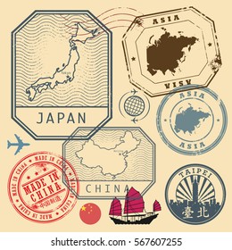 Travel stamps set with the text Asia, Japan, China, Made in China (in chinese language too), vector illustration