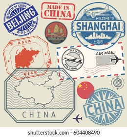 Travel stamps set with the text China, Shanghai, Beijing (also in chinese language), vector illustration