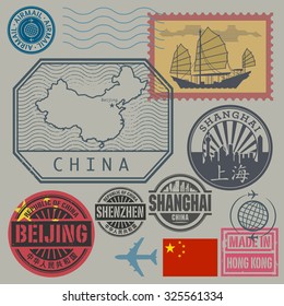 Travel stamps set with the text Chine, Shanghai, Beijing (in chinese language too), vector illustration