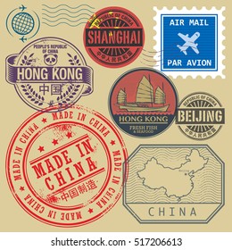 Travel stamps set with the text Chine, Shanghai, Beijing (in chinese language too) and China map, vector illustration