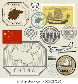 Travel stamps set with the text Chine, Shanghai, Beijing (in chinese language too) and China map, vector illustration