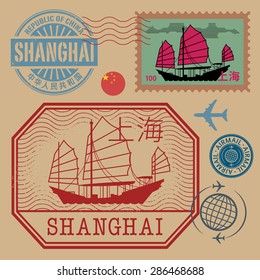 Travel stamps set with the text Shanghai (in chinese language too), vector illustration