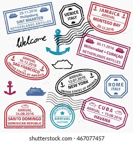Travel stamps set vector - grunge fictitious passport visas for cruise ship destinations. svg